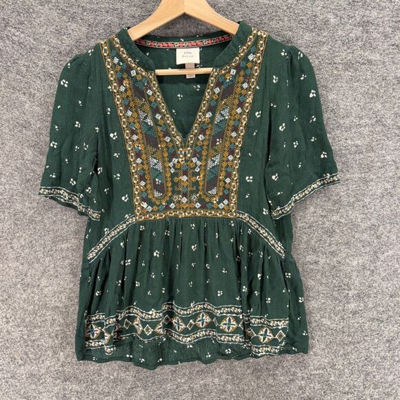 Knox Rose Tops - Knox Rose Blouse Women XS Green Geometric Embroidered V-Neck Short Sleeve Rayon